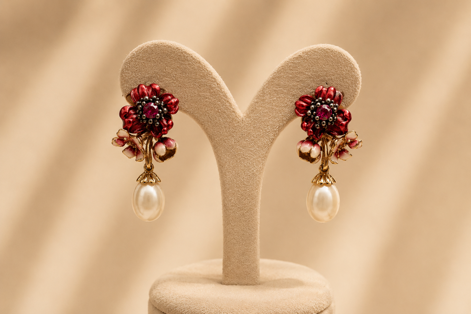 Rosée Éternelle, floral enamel earrings with pearl drops